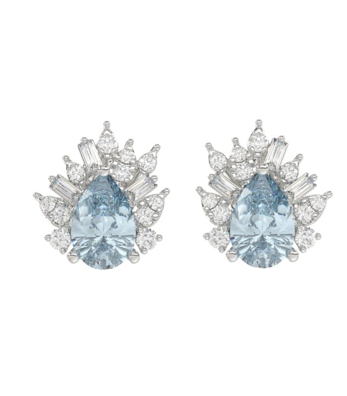 14K WHITE GOLD CRAFTED WITH 18K YELLOW GOLD BACK PLATE 1 1/4CT ROUND/BLUE PEAR/BAGUETTE DIAMOND LADIES EARRINGS