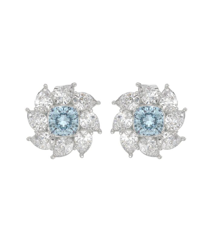 14K WHITE GOLD CRAFTED WITH 18K YELLOW GOLD BACK PLATE 2 5/8CT PEAR/BLUE CUSHION DIAMOND LADIES EARRINGS