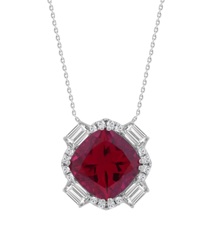 14K WHITE GOLD 1.00CT ROUND/EMERALD/RUBY CUSHION DIAMOND LADIES PENDANT WITH CHAIN