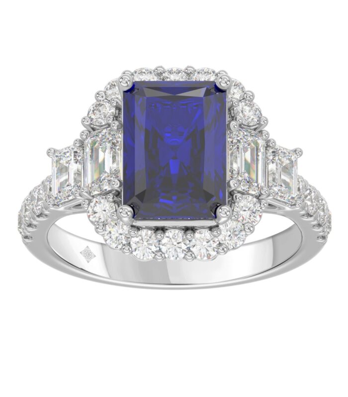 14K WHITE GOLD 4 1/2CT ROUND/EMERALD DIAMOND LADIES RING (CENTER STONE EMERALD BLUE SAPPHIRE DIAMOND 3CT)