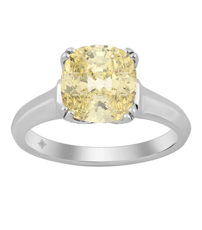 14K WHITE GOLD 3 1/4CT ROUND/YELLOW CUSHION DIAMOND LADIES RING (CENTER STONE YELLOW CUSHION DIAMOND 3CT)