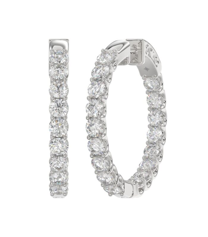 LADIES HOOP EARRINGS 3CT ROUND DIAMOND 14K WHITE GOLD