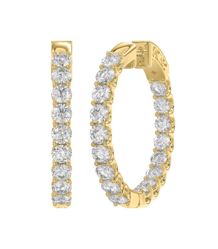 LADIES HOOP EARRINGS 3CT ROUND DIAMOND 14K YELLOW GOLD