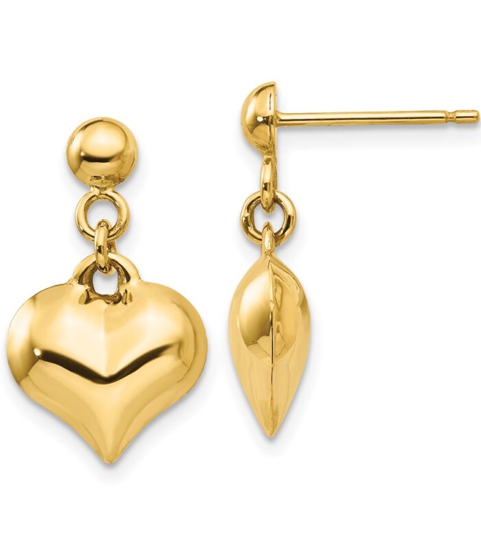 14k Polished Puffed Heart Dangle Post Earrings