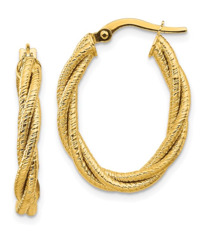 14k Polished Textured Twisted Oval Hoop Earrings