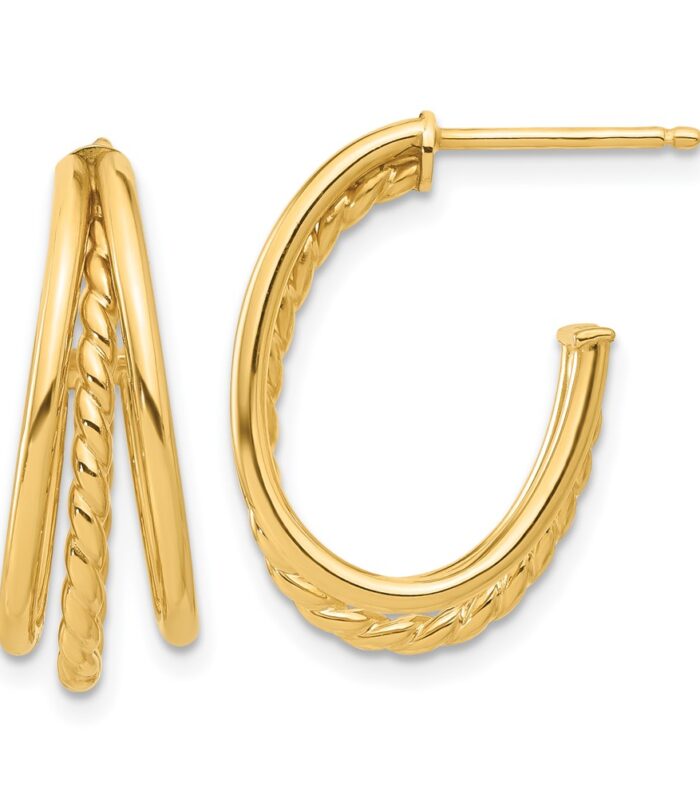 14K Polished and Twist Oval Multi Row J-Hoop Post Earrings