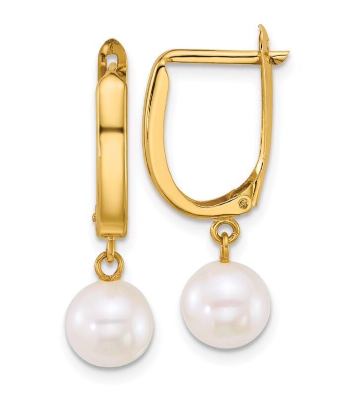 14k 7-8mm Round White FW Cultured Pearl Dangle Hoop Earrings